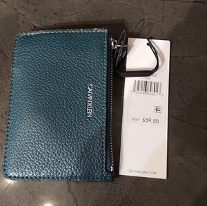 Calvin Klein Teal Pebbled Leather Zip Card Wallet